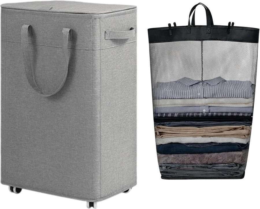 Wasmand met Wielen Opbergmand Was Sorteren Uitneembare Waszak 75 Liter Grijs