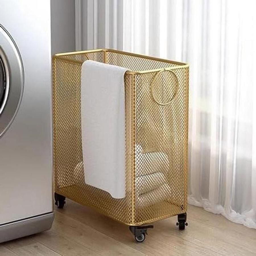 Wasmand met wielen Opbergwagen Huishoudelijke organisatie Stijlvolle metalen roosterstructuur 40x25x47 cm Goud