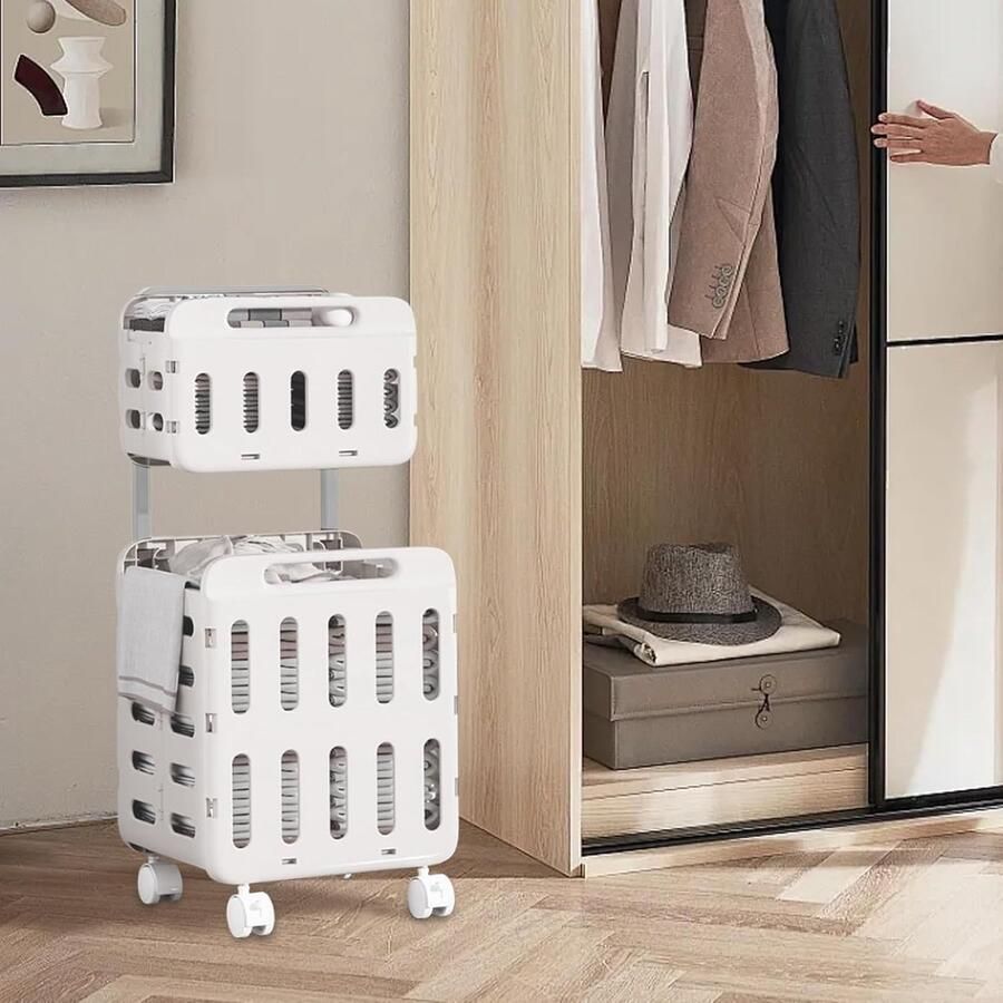Wasmand met wielen Opvouwbare mand Was sorteren Dubbellaags ontwerp 47 x 41 x 14 cm Wit