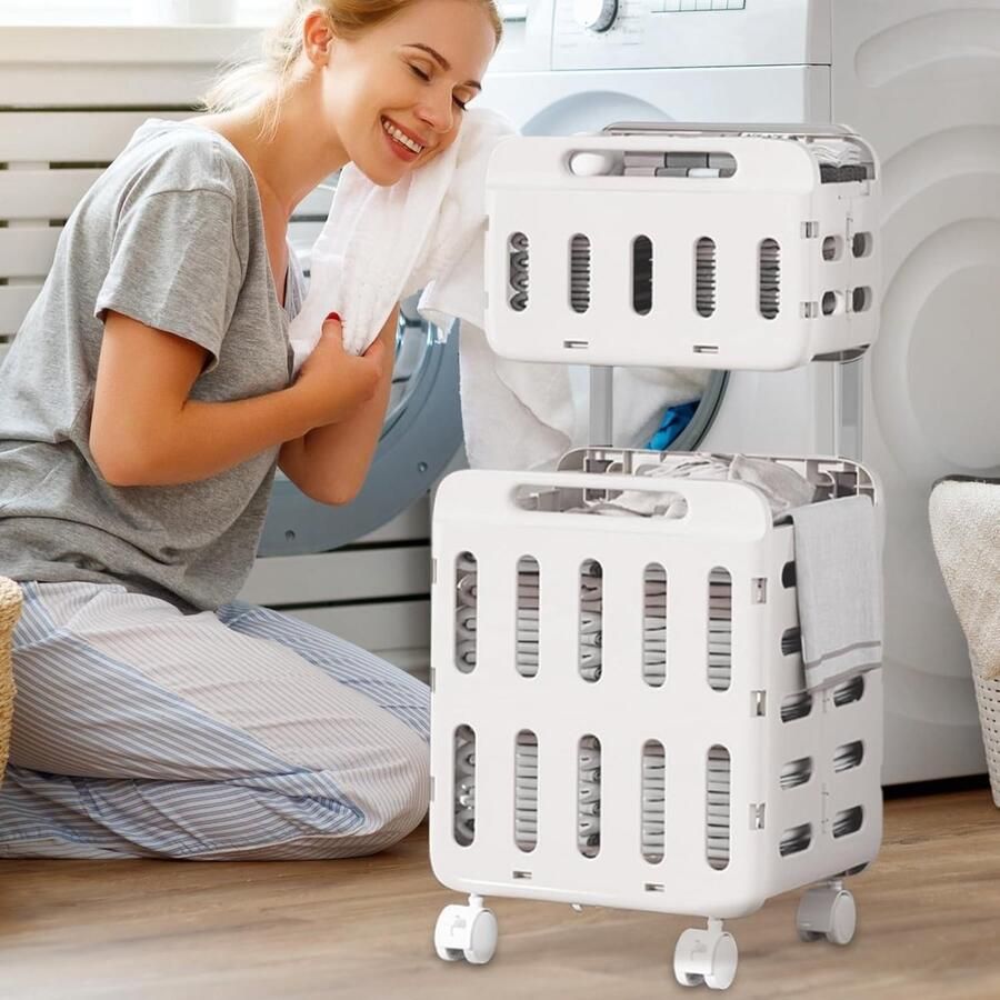 Wasmand met wielen Opvouwbare mand Was sorteren Dubbellaags ontwerp 47 x 41 x 14 cm Wit