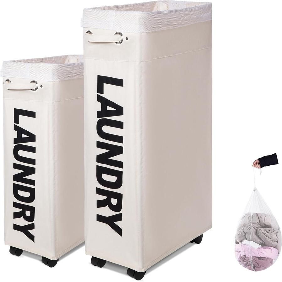 Wasmand met wielen Opvouwbare opberger Ruimte besparen Waterdichte stof 70 Liter Beige