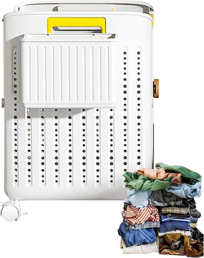 Wasmand met wielen Opvouwbare wasmand Kleding organiseren Afneembare hoofdvakken 75 liter Wit