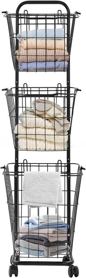 Wasmand met Wielen Sorteringssysteem Kleding Sorteren Drie Compartimenten 123 cm Hoog Zwart