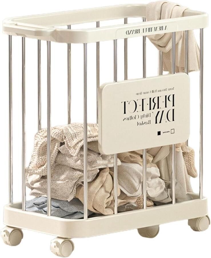 Wasmand met Wielen Vuile wasmand Opberger Huis Organiseren Ademend Ontwerp 49x28x52 cm Crèmekleurig