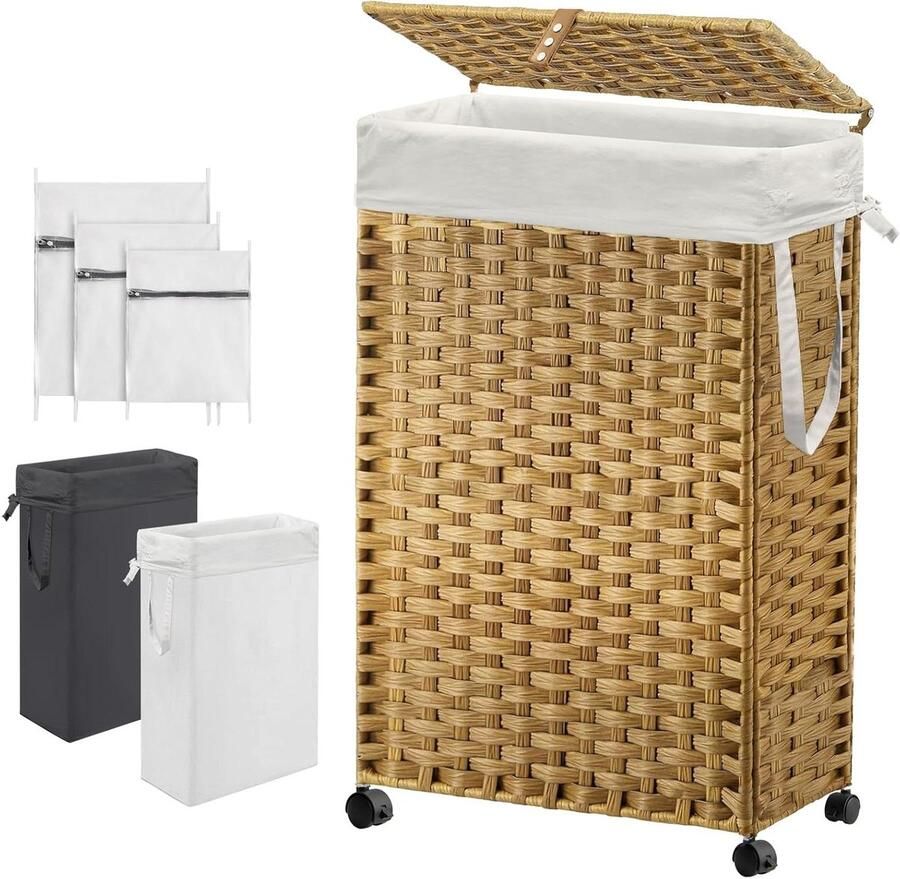 Wasmand met Wielen Vuilnisbak Ruimte Besparen Afneembare Voeringen 70L Slim 70x20x75cm Natuurlijk