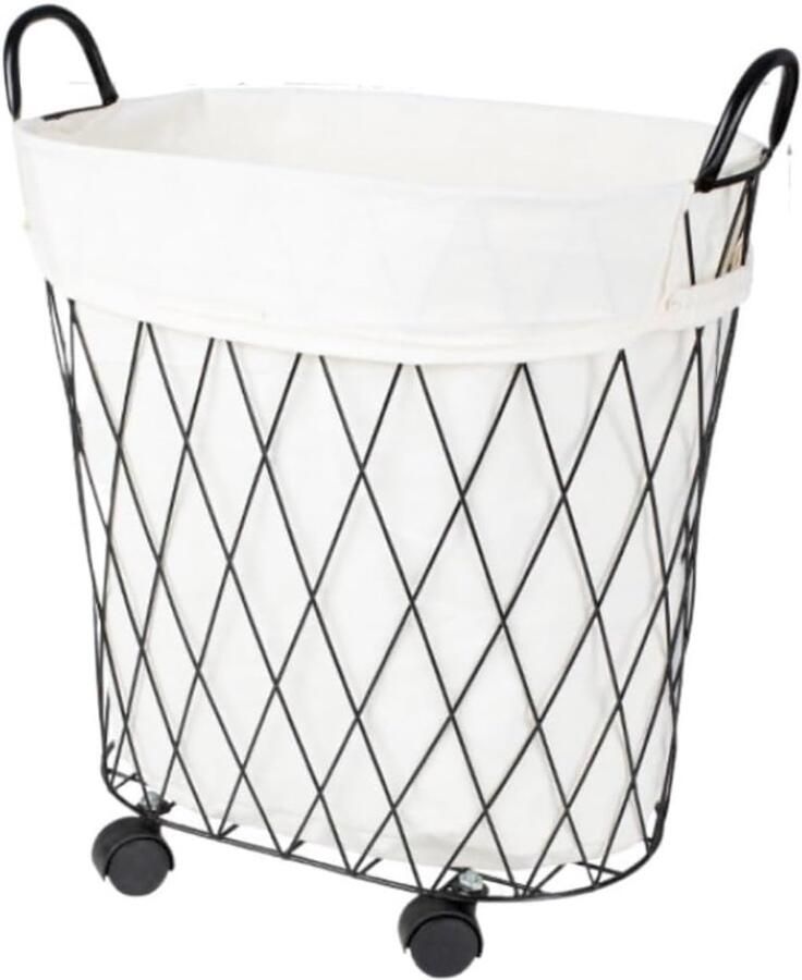 Wasmand met Wielen Wasbox Kledingmand Huishoudelijke Organisatie Verwijderbare Katoenen Voering 45.5*47cm Zwart