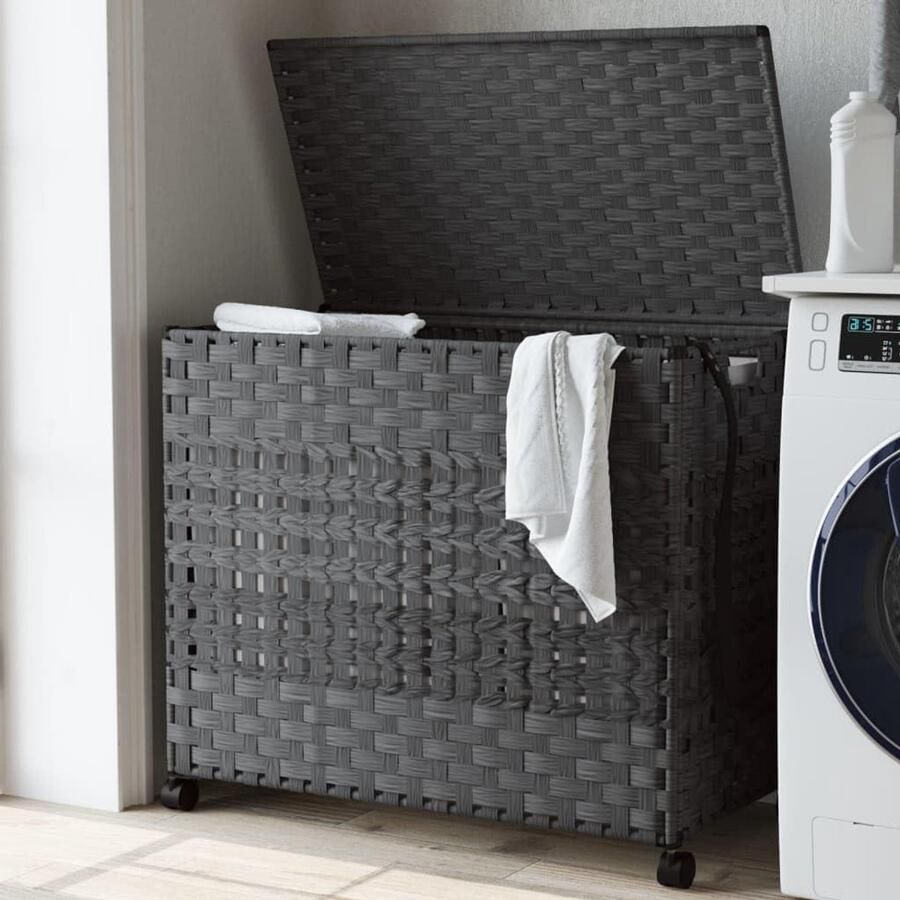 Wasmand met wielen Rotan mand Kleding opbergen Handgevlochten rotan 66 x 35 x 60 cm Grijs