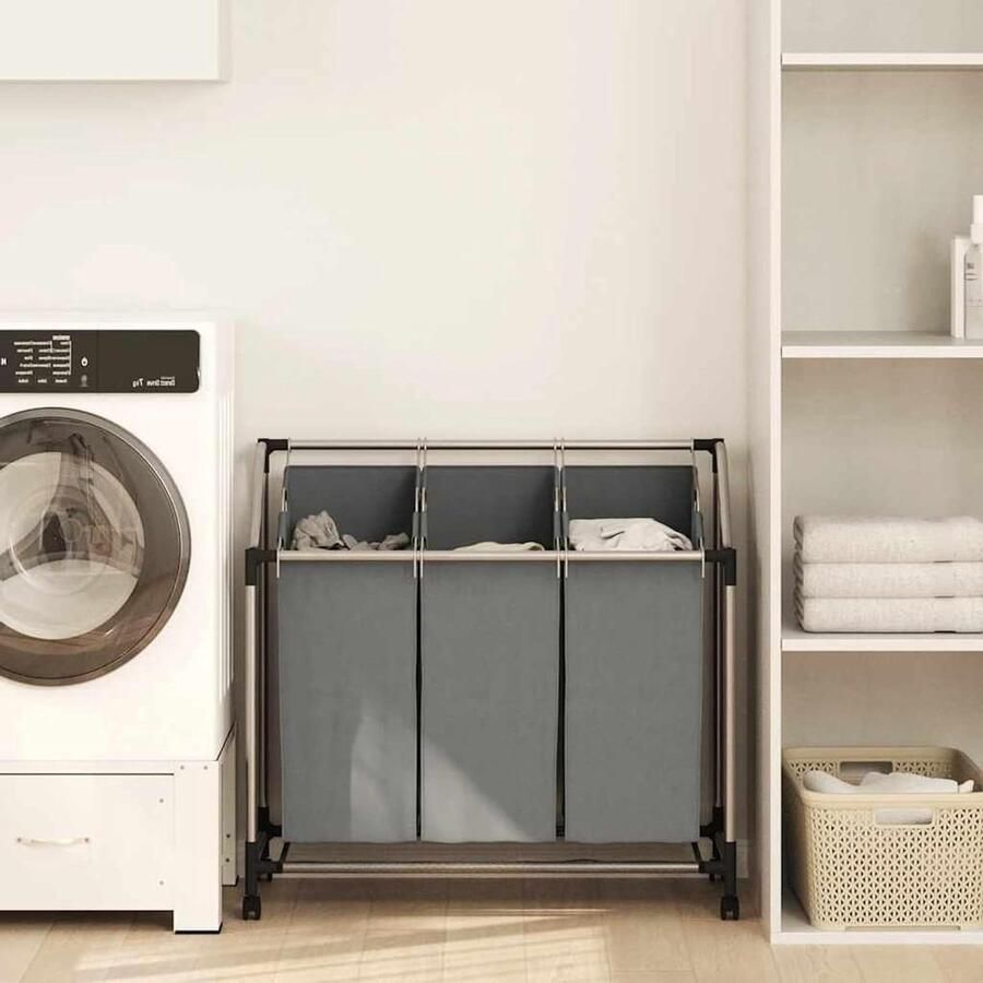 Wasmand met wieltjes Kledingmand Organizer Was Sorteren 3 Scheidbare Vakken 96 cm Hoog Grijs