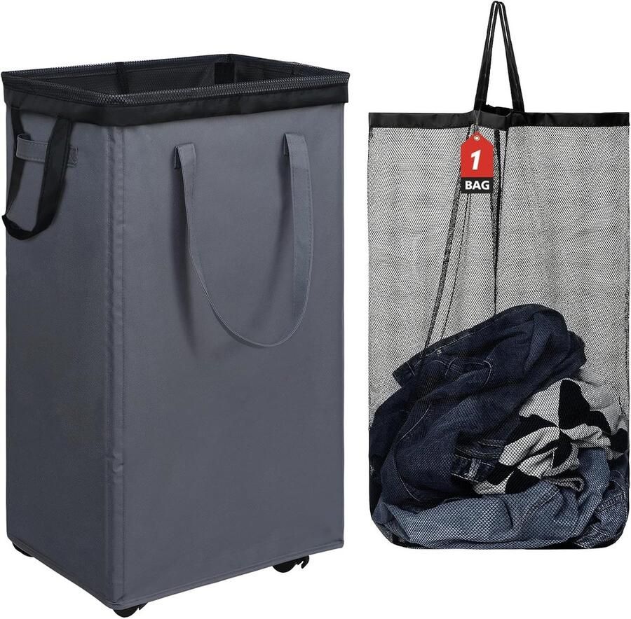 Wasmand met Wieltjes Kledingmand Rollend Kleding Sorteren Verwijderbare Waszak 90 Liter Grijs
