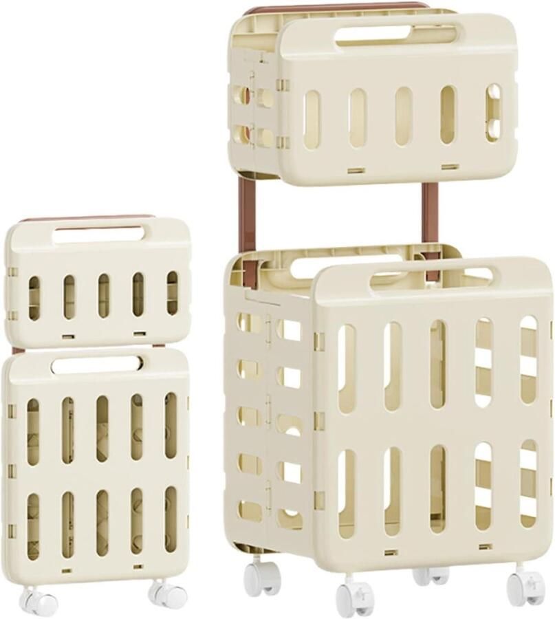 Wasmand Met Wieltjes Opvouwbare Mand Kleding Sorteren Dubbele Laag 47x41x14 cm Romig