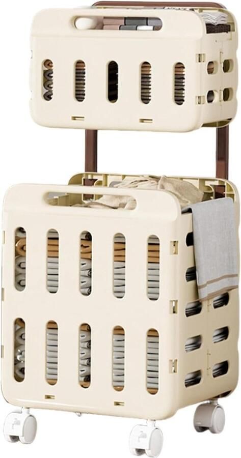 Wasmand met wieltjes Opvouwbare mand Thuis organiseren Dubbel vak 47 x 41 x 14 cm Romig
