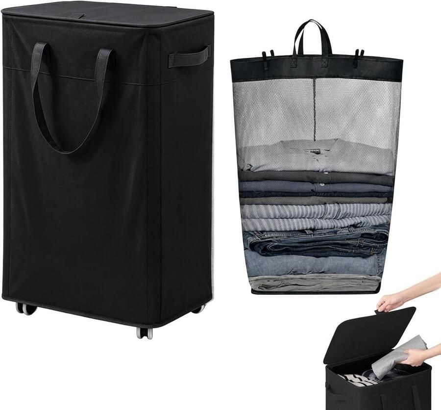 Wasmand met wieltjes Organizer mand Was sorteren Afneembare waszak 75 liter Zwart