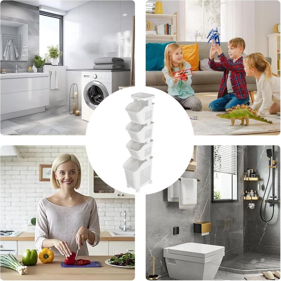 Wasmand met wieltjes Rolmand organizer Was sorteren Geurverwijderend net 132 cm hoog Wit