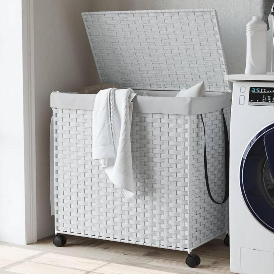 Wasmand met wieltjes Wasbox waszak Wassen sorteren Handgevlochten rotan 60x35x605 cm Wit