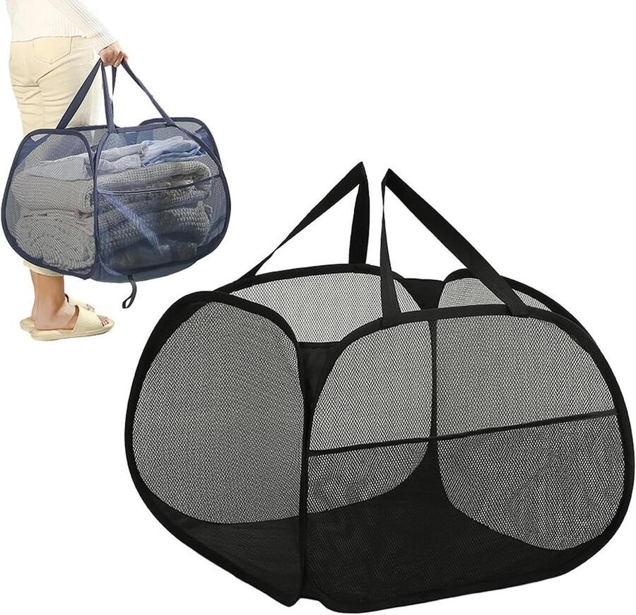 Wasmand Net Waszak Opvouwbaar Kleding Opbergen Ventilerend Ontwerp 50 x 50 x 30 cm Zwart
