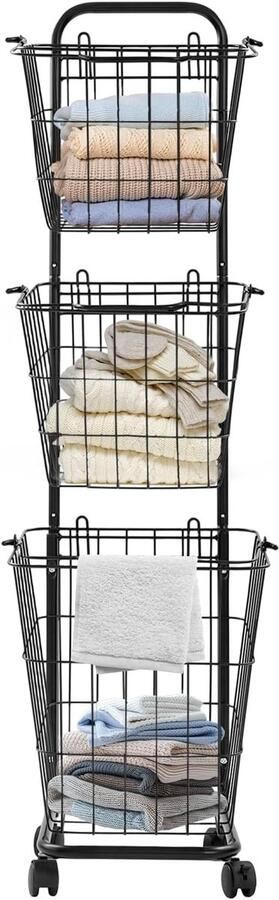 Wasmand op Wielen Kledingmand Trolley Kleding Sorteren 3 Vakken Afneembaar 123 cm Hoog Zwart