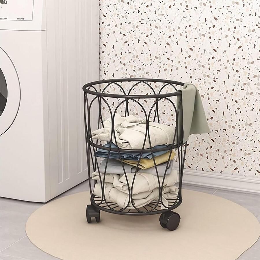 Wasmand op Wielen Metalen Mand Vuile Kleding Opbergen Volledig Gelast Roestvrij Eén Maat Zwart