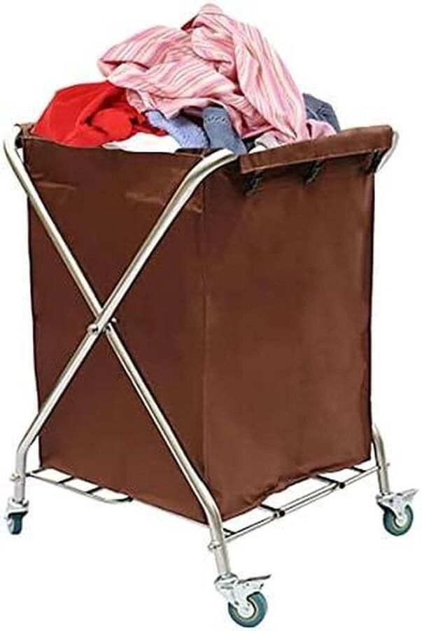 Wasmand op wielen Opvouwbare mand Kleding sorteren Roestvrijstalen frame Ruim formaat Bruin