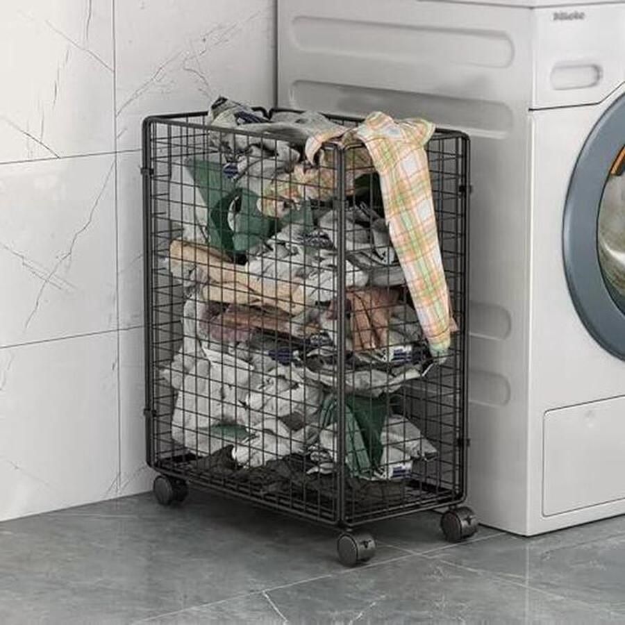Wasmand op wielen Opvouwbare mand Thuis organiseren Roestbestendig frame Ruimtebesparend Zwart