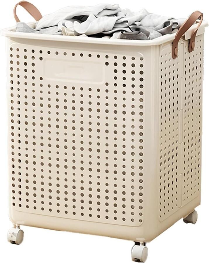 Wasmand op wielen Opvouwbare mand Vuile was opbergen Ademend ontwerp Grote capaciteit Beige