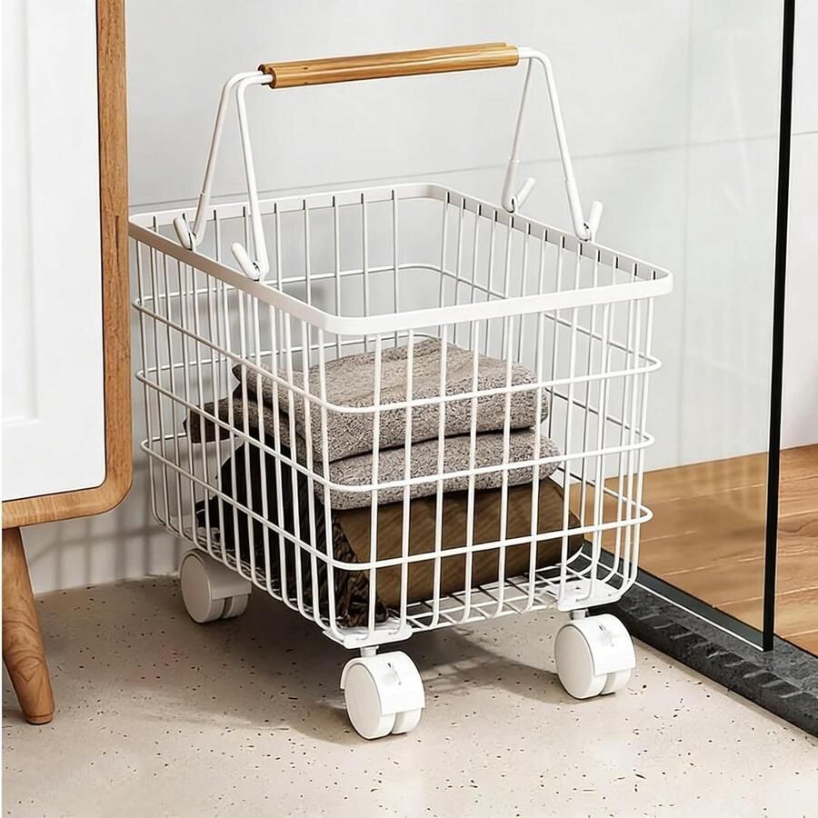 Wasmand Op Wieltjes Gaas Mand Kleding Opbergen Ademend Vochtbestendig Grote Capaciteit Wit