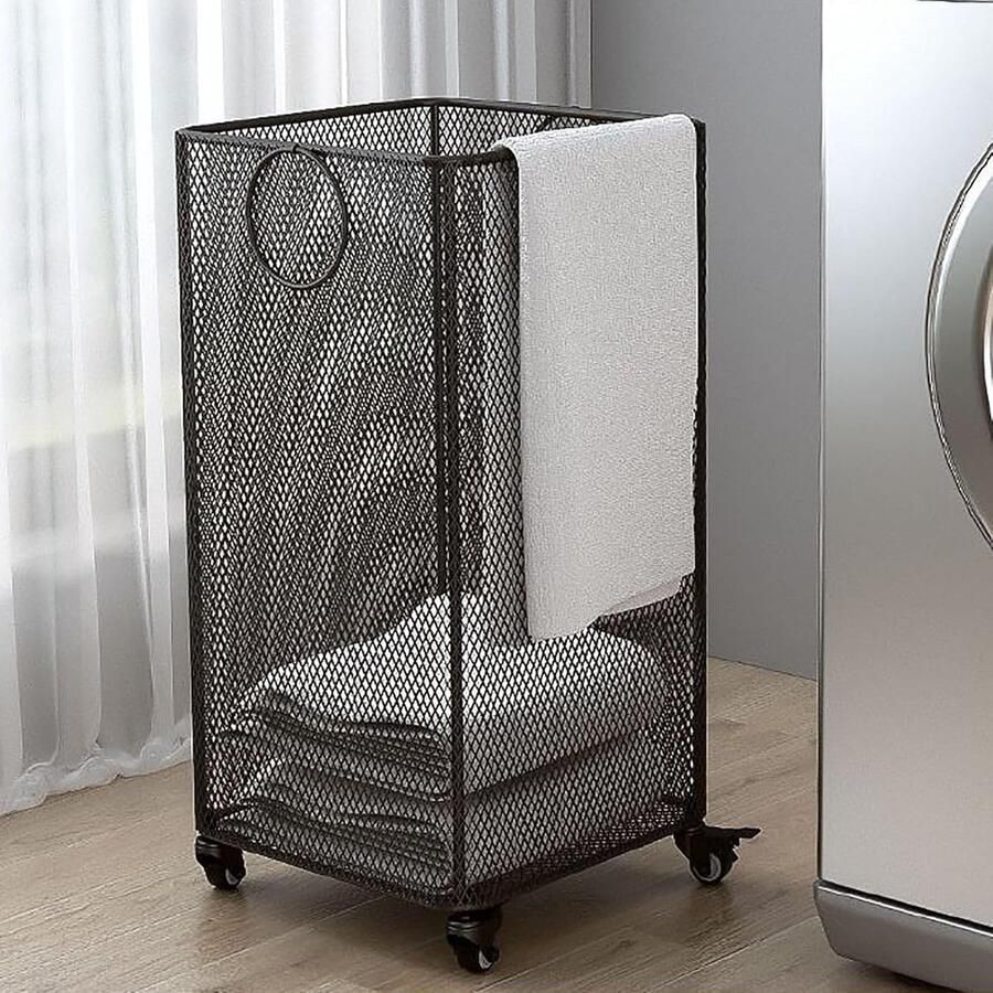 Wasmand op wieltjes Opbergmand Was sorteren Stevig metalen frame Vierkant Zwart