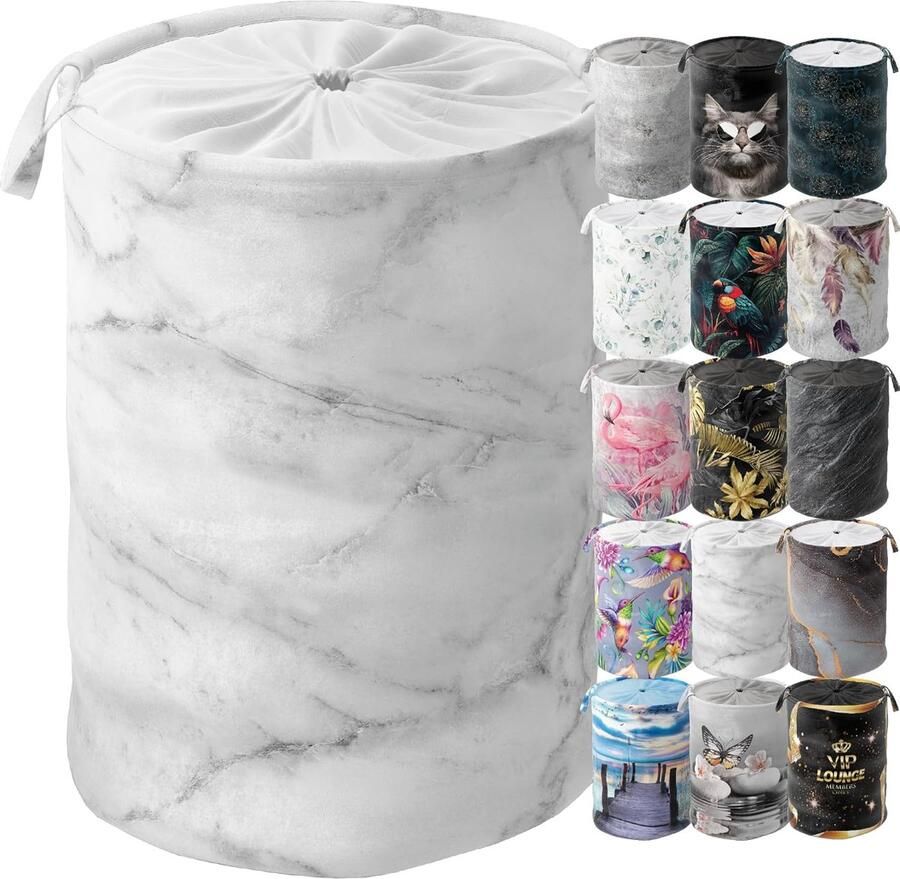 Wasmand Opvouwbaar Waszak Ronde Mand Kleding Opbergen Met Deksel Afsluitbaar 60 Liter Inhoud Marmerlook