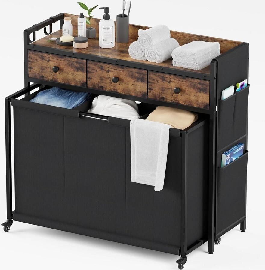 Wasmand Organizer Waskarre met Wielen Sorteren en Opslaan Met Plank en Laden 138 Liter