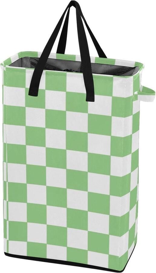 Wasmand Plaid Kledingmand Opvouwbaar Ruimte Besparen Vrijstaand Ontwerp 48L Capaciteit Groen Wit
