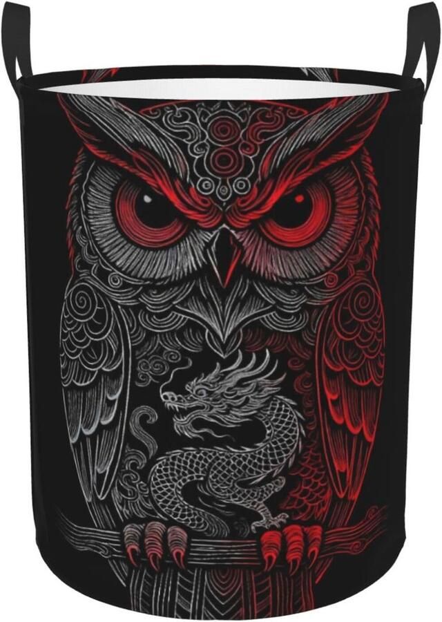 Wasmand Rond Opbergmand Vuile Was Kleding Opbergen Waterdichte Stof 40x33 Inch Uil Draak Rood Zwart