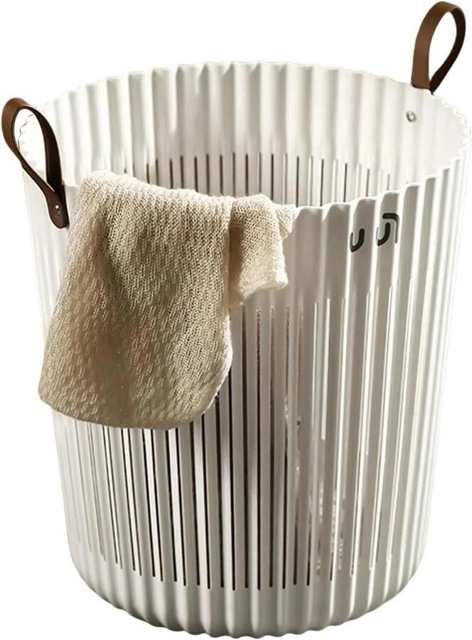Wasmand Rond Opslagmand Huishoudelijk Gebruik Leren Handvat 36x40cm Wit