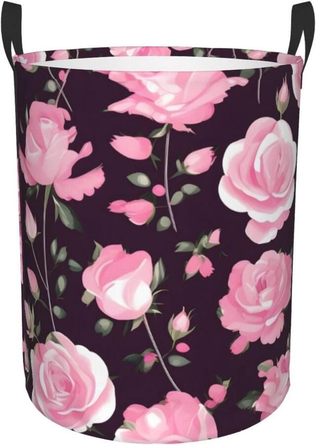Wasmand Ronde Vuilnisbak Organizer Thuis Opbergen Waterdichte Oxford Stof 19.6 x 15.7 Inch Bloemen Rose Roze