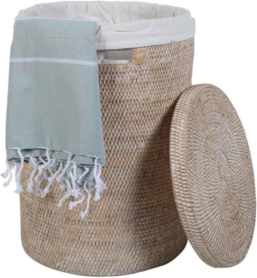 Wasmand Rotan Opbergbox Deksel Was Sorteren Handgevlochten Uniek Ø40x60 cm Wit