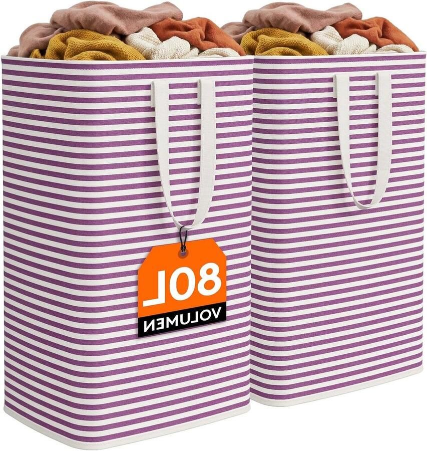 Wasmand Set Wasopslag Organizer Kleding Sorteren Opvouwbaar Ontwerp 2x 80 Liter Paars