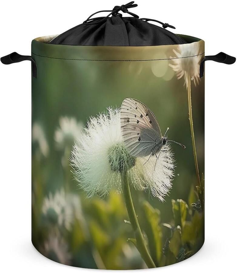 Wasmand Vuile kledingmand Kleding opbergen Veilige trekkoordsluiting 60 x 40 cm Bloemen vlinders