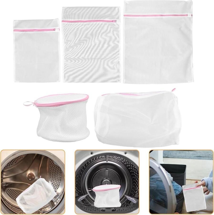 Waszakken Set Mesh Tassen Kleding Beschermen Ritssluiting Ontwerp 5 Stuks 60x47CM Wit