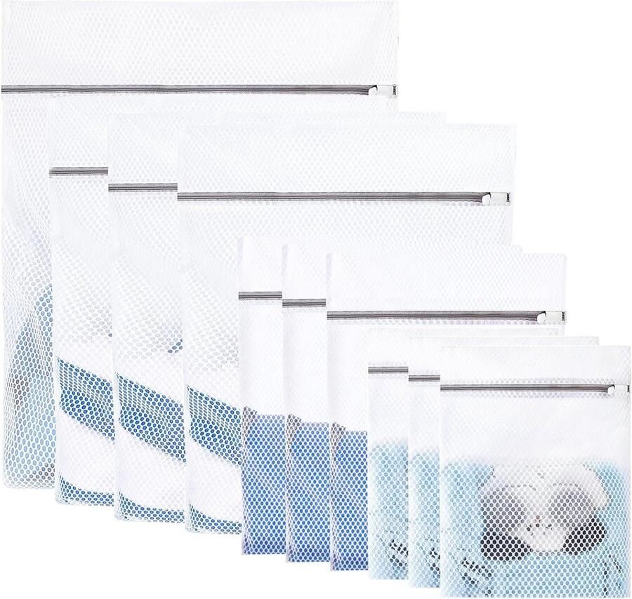 Waszakken Set Wasnetten Herbruikbaar Kleding Beschermen Vijf Verschillende Maten 10 Stuks Wit Blauw