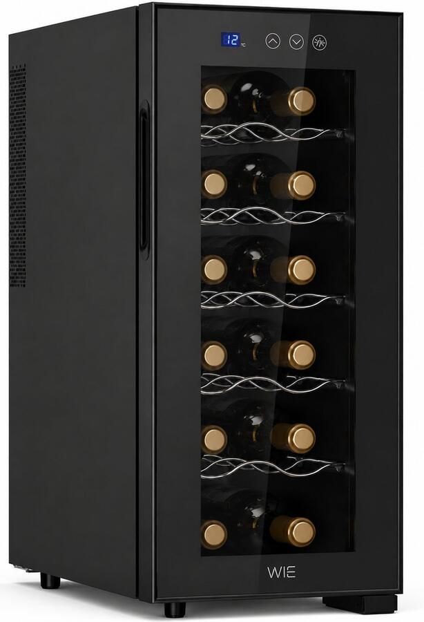 Wijnkoelkast 1 zone 33 liter 12 flessen drankkoelkast kleine wijnkoelkast mini met glazen deur volledig glazen designdeur met LED-touchpanel anti-UV