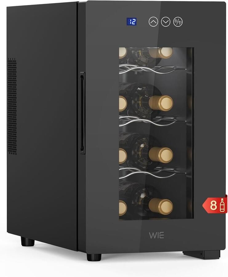 Wijnkoelkast 8 Flessen 23 Liter Thermo-elektrische Wijnklimaatkast Instelbaar 5-18°C Touchscreen LED-verlichting UV-werende Spiegelglasdeur Stille Wijnkoeler Zwart