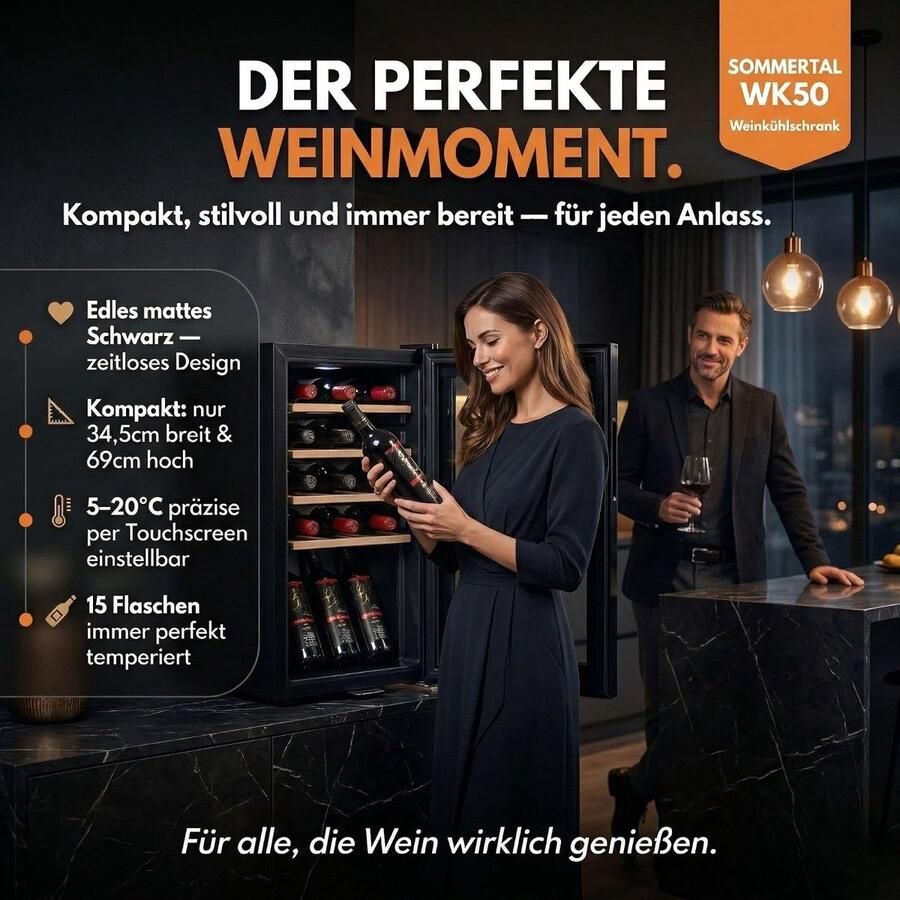 Wijnkoelkast met glazen deur (15 flessen 5 – 20 ºC instelbaar met slot LED-verlichting glazen deur touchscreen 4 houten legplanken stil energiebesparend)