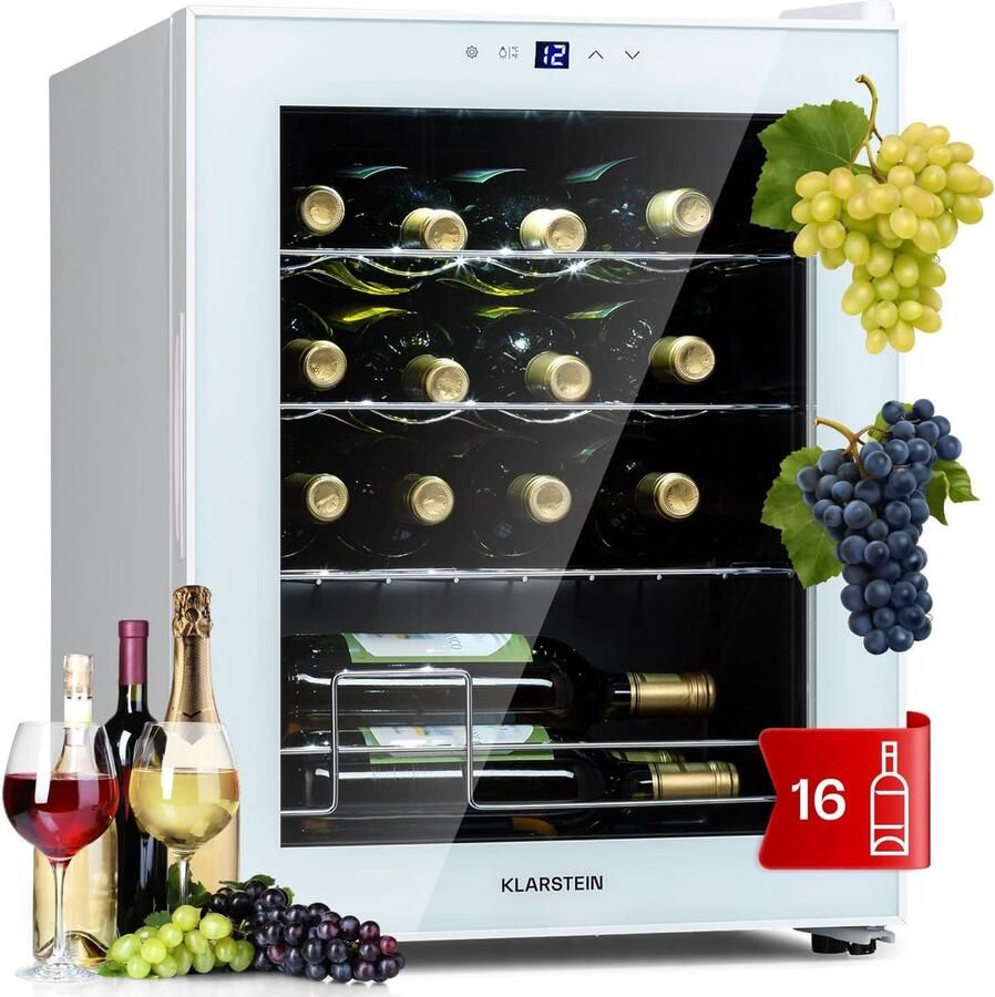 Wijnkoelkast Vrijstaand 16 Flessen – Drankkoelkast voor Wijn Prosecco Champagne & Bier – Glazen Deur Touch Bediening 5-18°C 1 Temperatuurzone
