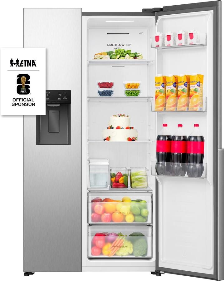 ETNA AKV5178IRVS Amerikaanse koelkast No-Frost 178 cm hoog 528 liter Energielabel E Invriesvermogen 10 kg 24u Geluidsniveau 40 dB LED Display IJs- en waterdispenser SuperCool FastFreeze Deuralarm Multi Airflow – EnergySaving
