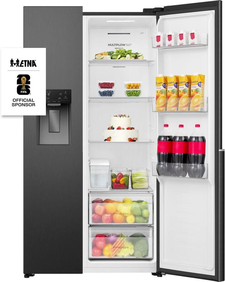 ETNA AKV5178IZWA Amerikaanse koelkast No-Frost 178 cm hoog 528 liter Energielabel E Invriesvermogen 10 kg 24u Geluidsniveau 40 dB LED Display IJs- en waterdispenser SuperCool FastFreeze Deuralarm Multi Airflow EnergySaving