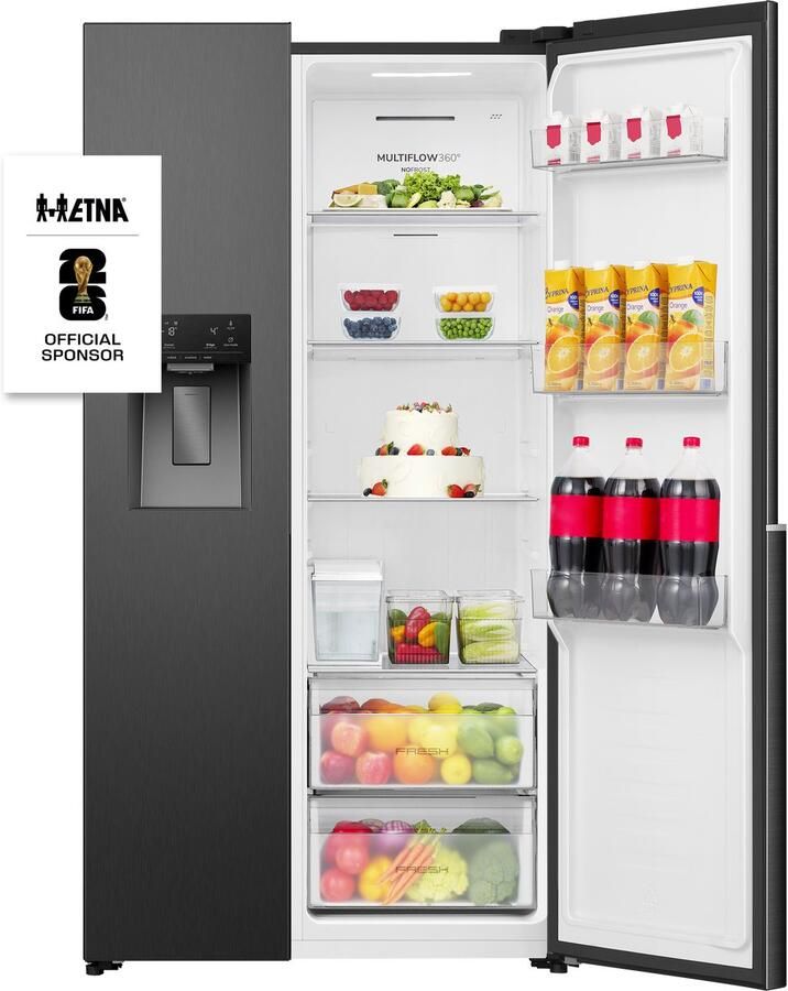 ETNA AKV6178IZWA Amerikaanse koelkast No-Frost 178 cm hoog 528 liter Energielabel C Invriesvermogen 10 kg 24u Geluidsniveau 37 dB LED Display IJs- en waterdispenser SuperCool FastFreeze Deuralarm Multi Airflow – EnergySaving
