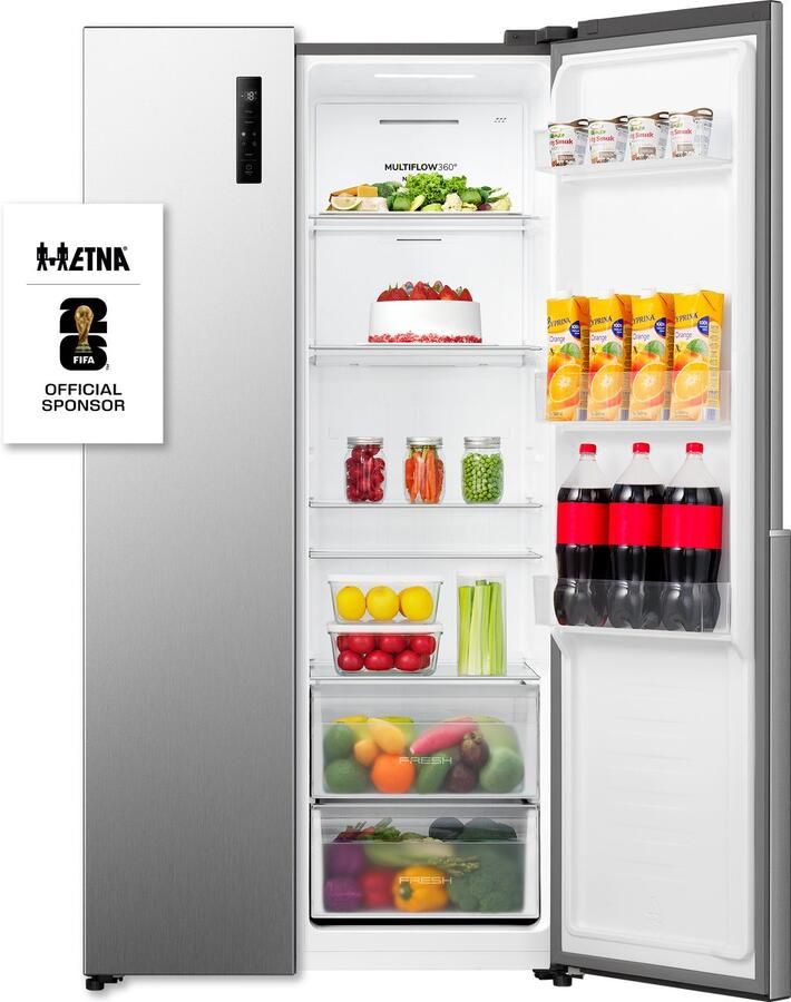 ETNA AKV6178RVS Amerikaanse koelkast No-Frost 178 cm hoog 544 liter Energielabel C Invriesvermogen 12 kg 24u Geluidsniveau 37 dB LED Display SuperCool FastFreeze Deuralarm Interter Compressor Multi Airflow Energy Saving