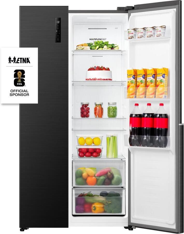 ETNA AKV6178ZWA Amerikaanse koelkast No-Frost 178 cm hoog 544 liter Energielabel C Invriesvermogen 12 kg 24u Geluidsniveau 37 dB LED Display SuperCool FastFreeze Deuralarm Interter Compressor Multi Airflow Energy Saving