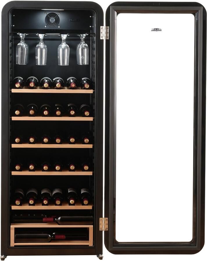 Everglades EVWC22081RB Wijnkoelkast Retro Black Voor 76 Flessen Digitaal Display Houten Planken Glazenrek 5 Jaar Garantie