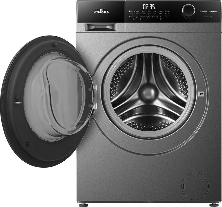 Everglades EVWM101402AG Zuinige Wasmachine 10KG A Klasse Stoomfuncties Koolborstelloze Motor Zeer Stil 72dB Titanium Grijs 5 Jaar Garantie