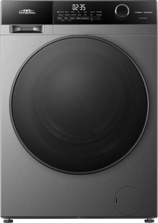 Everglades EVWM101402AG Zuinige Wasmachine 10KG A Klasse Stoomfuncties Koolborstelloze Motor Zeer Stil 72dB Titanium Grijs 5 Jaar Garantie