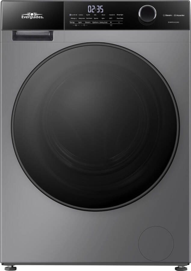 Everglades EVWM91412AG Zuinige Wasmachine 9KG A Klasse Stoomfuncties Allergie+ Koolborstelloze Motor Zeer Stil 72dB Titanium Grijs 5 Jaar Garantie